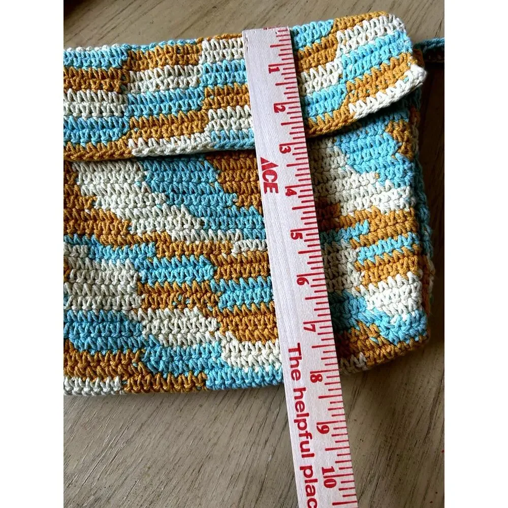 New Crochet Knit Purse Shoulder Bag Tan Blue Aztec Boho Hippie Retro Cotton ECO